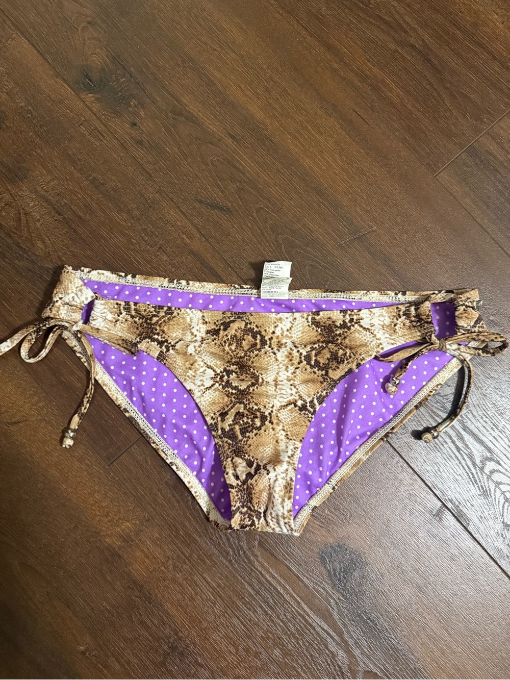 Guess Snake Print Bikini Bottoms with Purple Polka Dot Lining